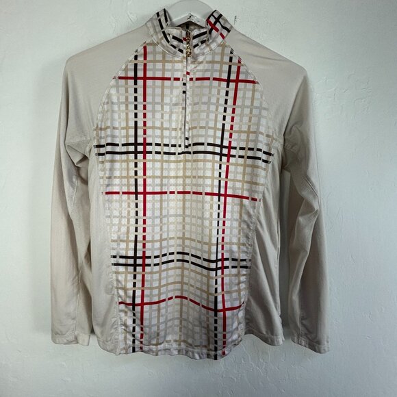 SanSoleil Beige Red Plaid Long Sleeve Mock Neck Golf Shirt Small UPF 50 Stretch - Picture 1 of 7